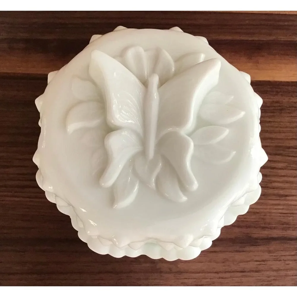 Fenton White Milk Glass Hobnail Canister Butterfly Lid Candy Dish Vintage Jar 6